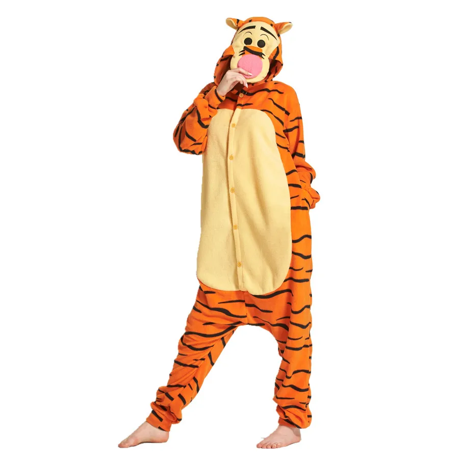 Флисовые пижамы кигуруми для взрослых, тигра, поросенка, кролика, кенгуру, женские и мужские комбинезоны, пижамы для Хэллоуина и карнавала, вечерние - Цвет: Tiger