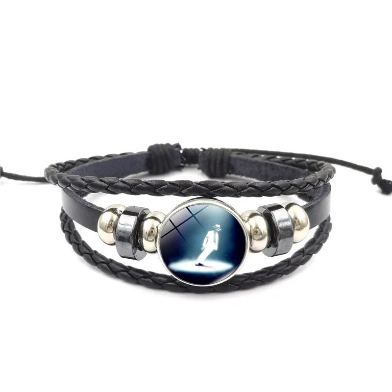 Retro Punk Jewelry Michael Jackson Glass Buckle Multilayer Charm Bracelet Handmade DIY Black Leather Bracelet Men Women