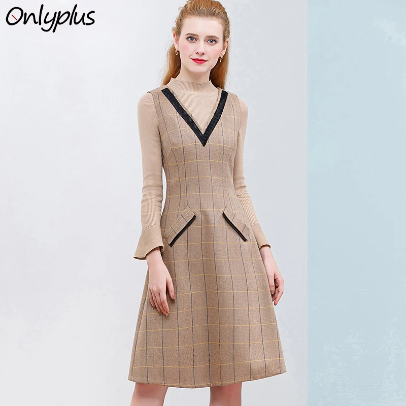 

ONLY PLUS S-XXL Sleeveless Woolen Dress Winter Casual Pocket Tank Vest Stripes Dresses A-Line Deep V-Neck Female Vestidos