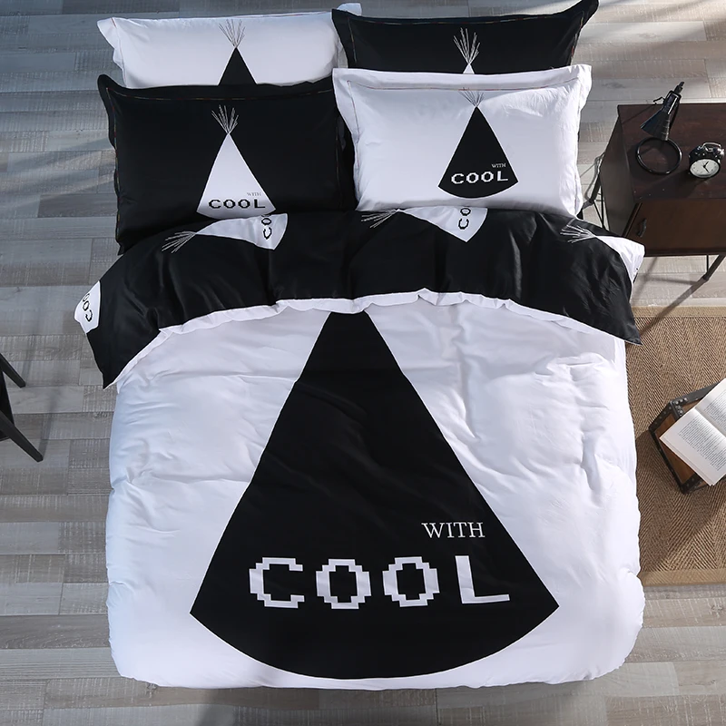 

Letter "COOL" Reversible Bedding Set 3/4 pcs Duvet Cover Flat Sheet Pillow Cases Single Queen King Size White Black Home Textile