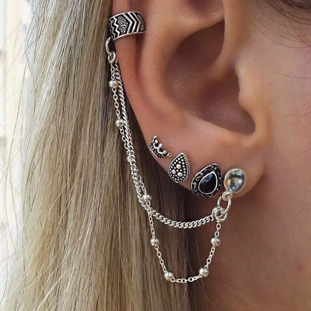 

zheFanku 4Pcs/set New Arrival Bohemian Style Crown Chain 4pcs One Sets Fashion Earrings For Women Gifts Retro Style Earrings