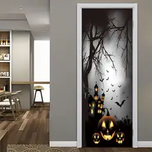 Halloween creative 3d door stickers horror manor pumpkin lamp personality wooden door home decoration wall sticker 77*200cm