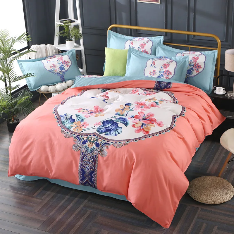 

Bedding Set washed cotton Bohemia style Chinese style flowers coloring family pillowcases 4pcs Duvet Cover sets Soft Bed Sheet
