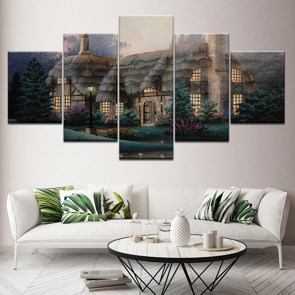 Canvas Painting Thatched house landscape 5 Pieces Wall Art Modular Wallpapers Poster Print for living room Home Decor | Дом и сад