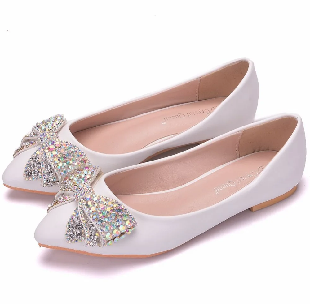 С украшением в виде кристаллов queen Модная обувь на плоской подошве женская свадебная обувь плоская подошва Острый носок Стразы с декоративным узлом-бабочкой милые белые туфли; Zapatos Muje
