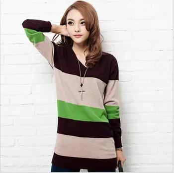 

2017 Women Spring Autumn Fashion Casual Sexy V-Neck Striped Long Sleeve Knitted Long Wool Sweater Female Elastic Slim Pullover