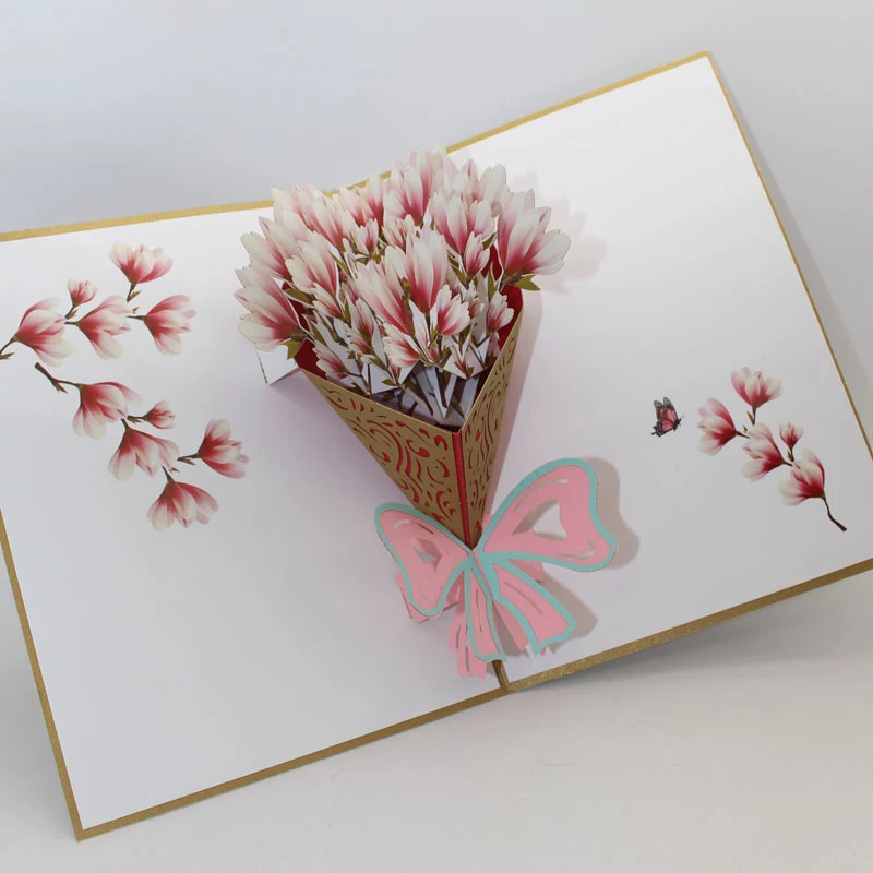  3D Laser Cut Handmade Carving Teachers' Day White Pink Magnolia Bouquet Paper Invitation Greeting C - 33013926435