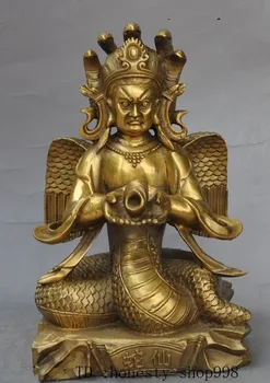 

Christmas 11"Tibet Buddhism Brass 5 Heads Snake Fairy Immortal Naga Buddha Kwan-yin Statue Halloween