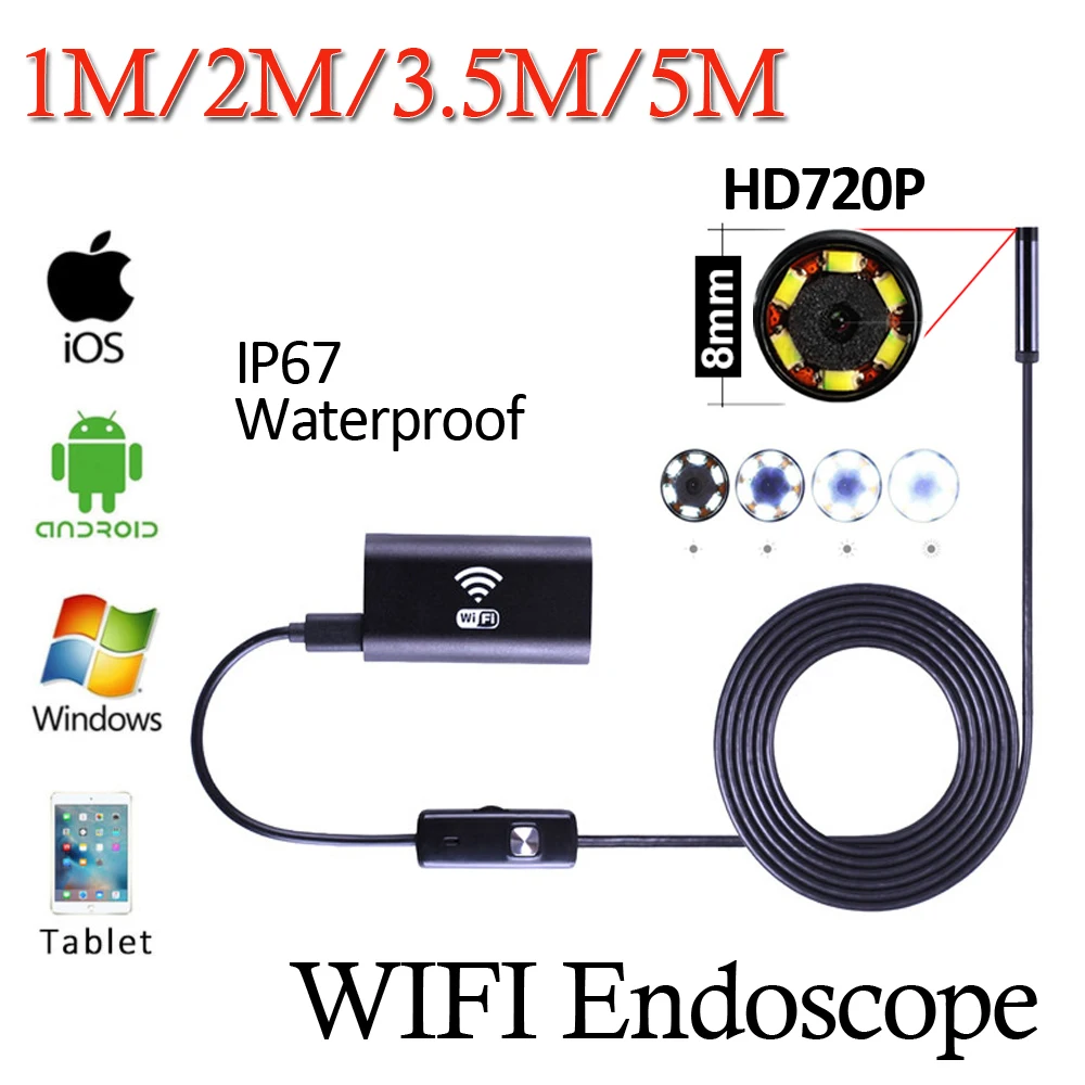 

HD720P 1M 2M 3.5M 5M Cable WIFI Android Iphone Flexible Snake USB Endoscope 8mm Lens Waterproof Pipe Inspection Borescope Camera