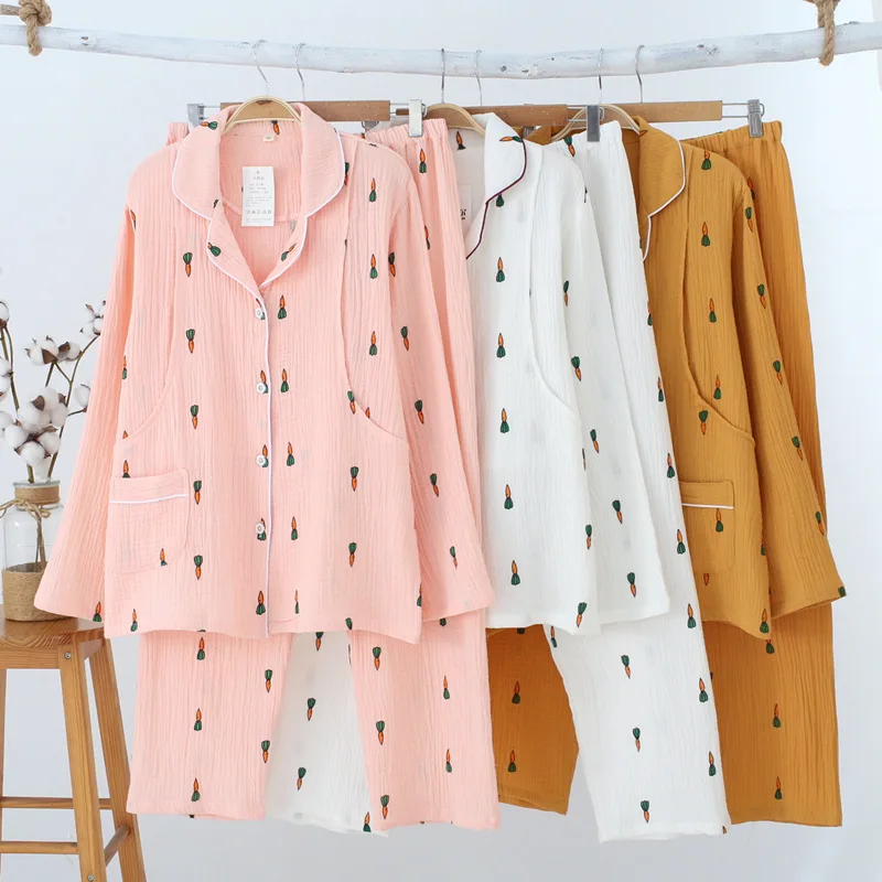 New Double Cotton Yarn Crepe Long Sleeve Pajama Set Cartoon Printing Maternity Clothes Spring Loungewear Women Sleepwear | Женская