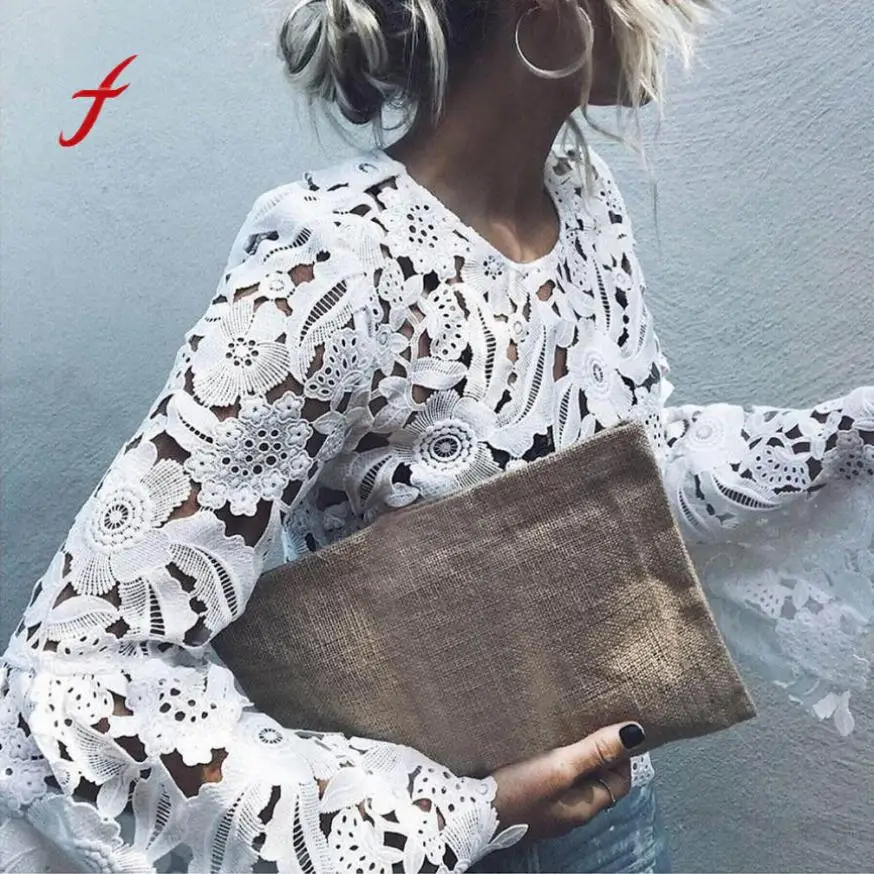 

feitong Fashion Womens Lace Hollow Out Flare Sleeve Shirt Casual Tops T Shirt Female Sexy Floral Pattern Spring Clothes