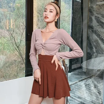 

One Piece Swimsuit Women Bikinis Female 2019 Ladies Woman Ins Summer Harbor Sexy Long Sleeve Cover Bubble Patchwork Polyester