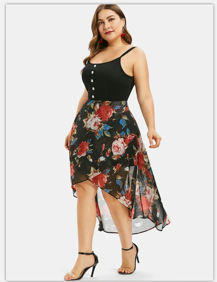 Plus Size Dress Women Spaghetti Strap Floral Overlay High Low Dress Beach Summer Dresses Vestidos 5XL