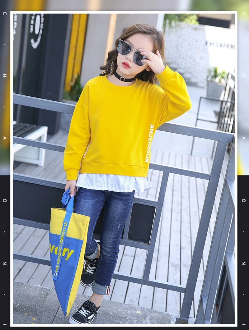 Весенние детские свитшоты; пуловер с буквенным принтом для девочек; имитация двух частей; лоскутный топ в полоску; футболка с длинными рукавами; модная одежда для девочек