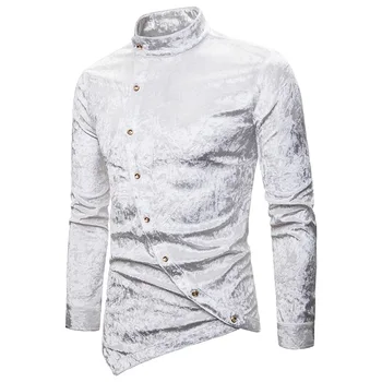 

Black Velvet Velour Tuxedo Shirt Men 2019 Autumn New Mandarin Collar Irregular Hem Slim Fit Mens Dress Shirts Camisa Masculina