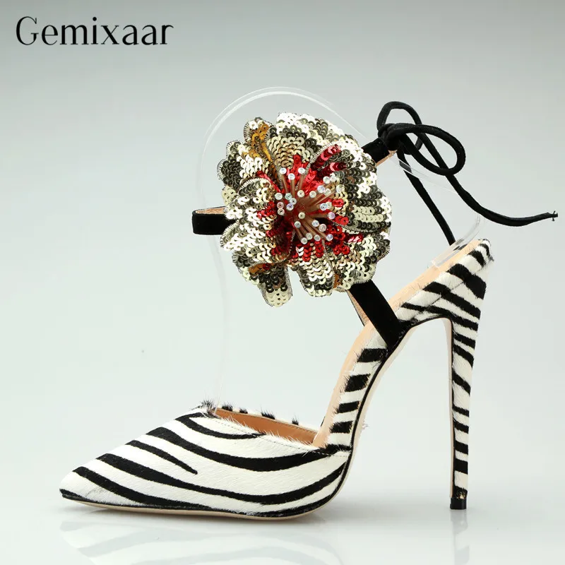 

Lovely Zabra Pointy Toe Decor Flower Thin High Women Shoes Mature Slim Shallow Narrow Ankle Wrap Flower Pompoms Sandals Woman