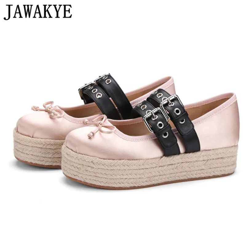 

White beige silk Girls Ballets shoes hemp platorm wedge heels dress shoes women bowties double buckled strap chaussures femme