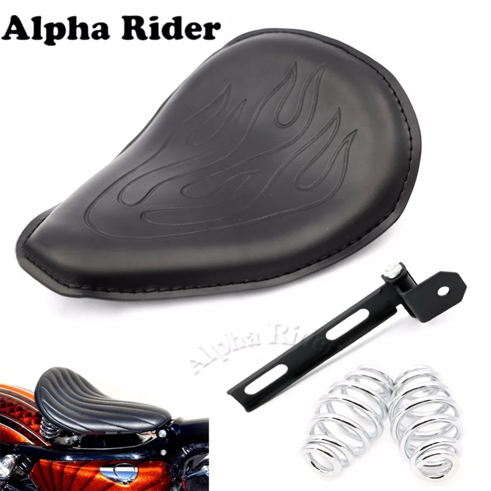 

New Black Leather Driver Solo Slim Seat Pad Motorcycle Flame Saddle with Mounting Kit for HARLEY SPORTSTER BOBBER CHOPPER CUSTOM