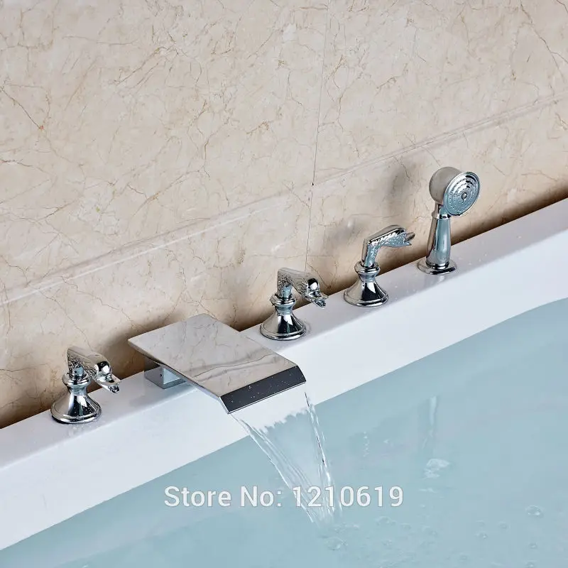 

Newly Modern Style 5Pcs Tub Mixer Faucet Three Handles Chrome Finish Bathtub Faucet w/ Handheld Sprayer