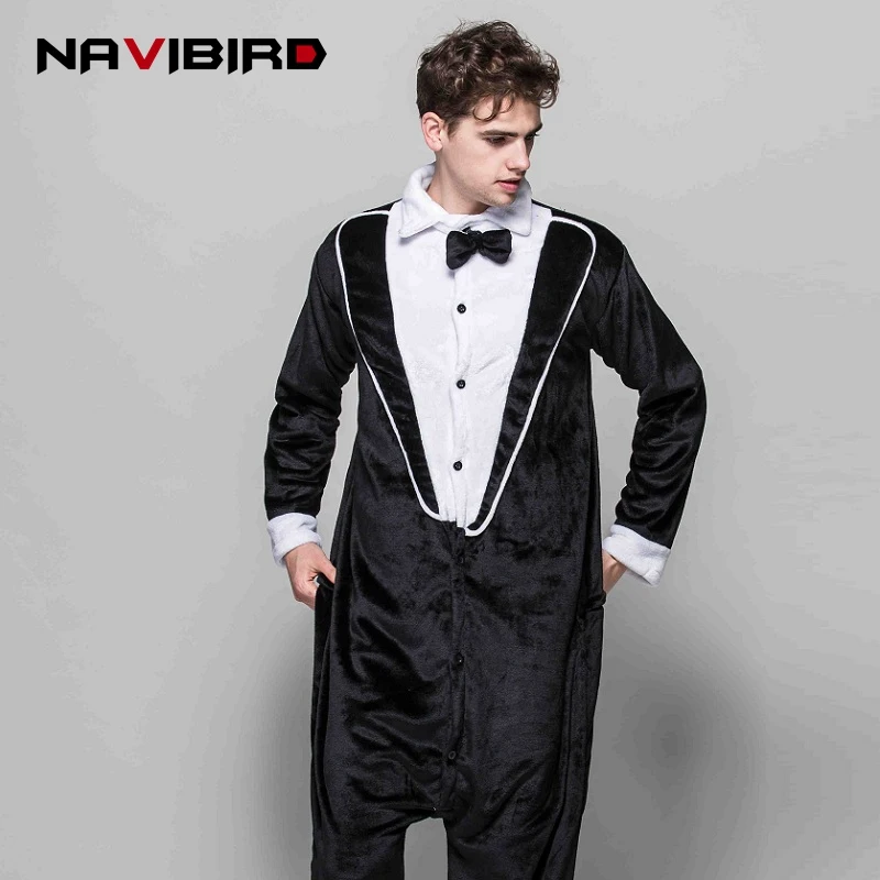 2018 вечерние loween Y смокинг Onesie мужские черные одна деталь Пижама Kigurumi джентльмен