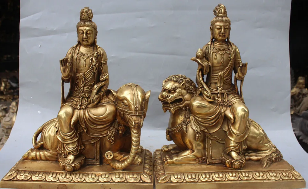 

shitou 001743 13" Bronze Wenshu Manjushri PiXian Goddess On Lion Elephant Lotus Buddha Statue