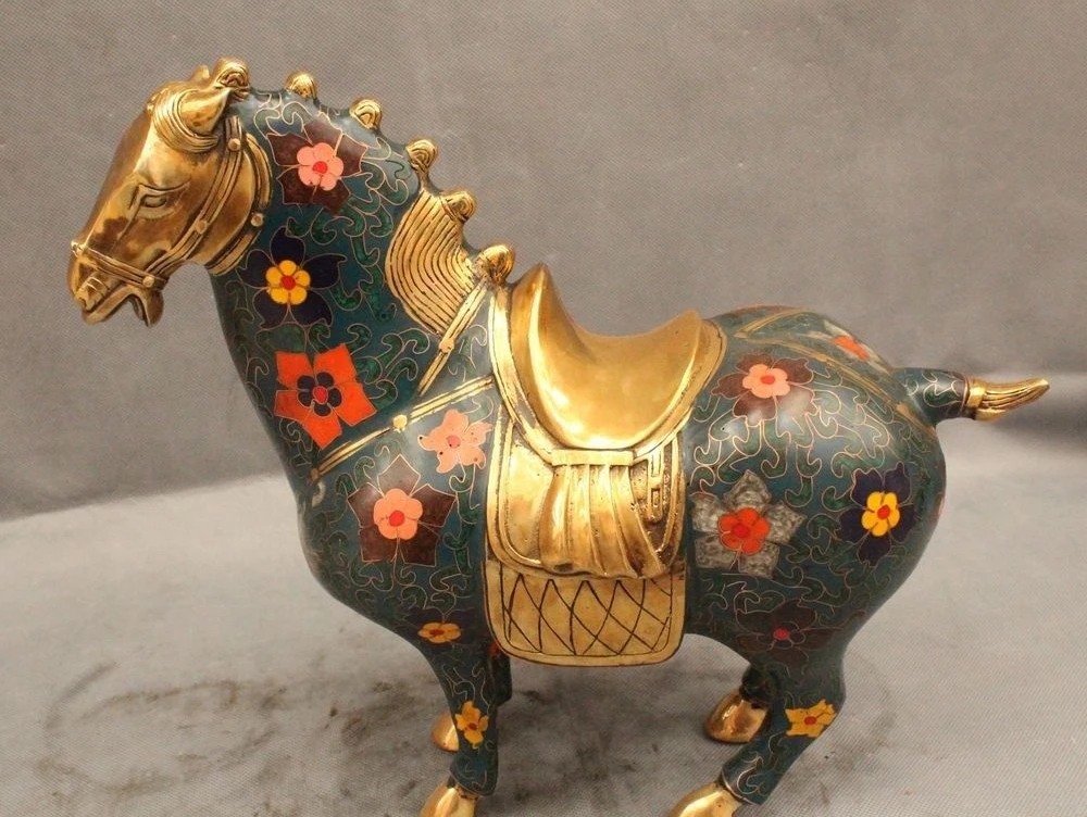 

12" Chinese Folk Cloisonne Purple Bronze Zodiac Year Tang Horse Success Statue