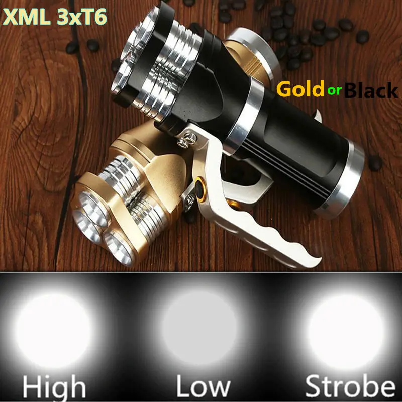 

6000LM LED Flashlight Torch 3xCREE XML T6 LED Rechargeable Torch Gold or Black Tactical Flash lamp light For 3x18650 Battery