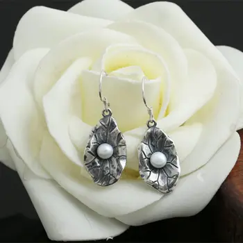 

One Pair Thai Silver 925 Lotus Natural Pear Drop Earrings Women Elegant Female 925 Sterling Silver Jewelry Vintage China Style