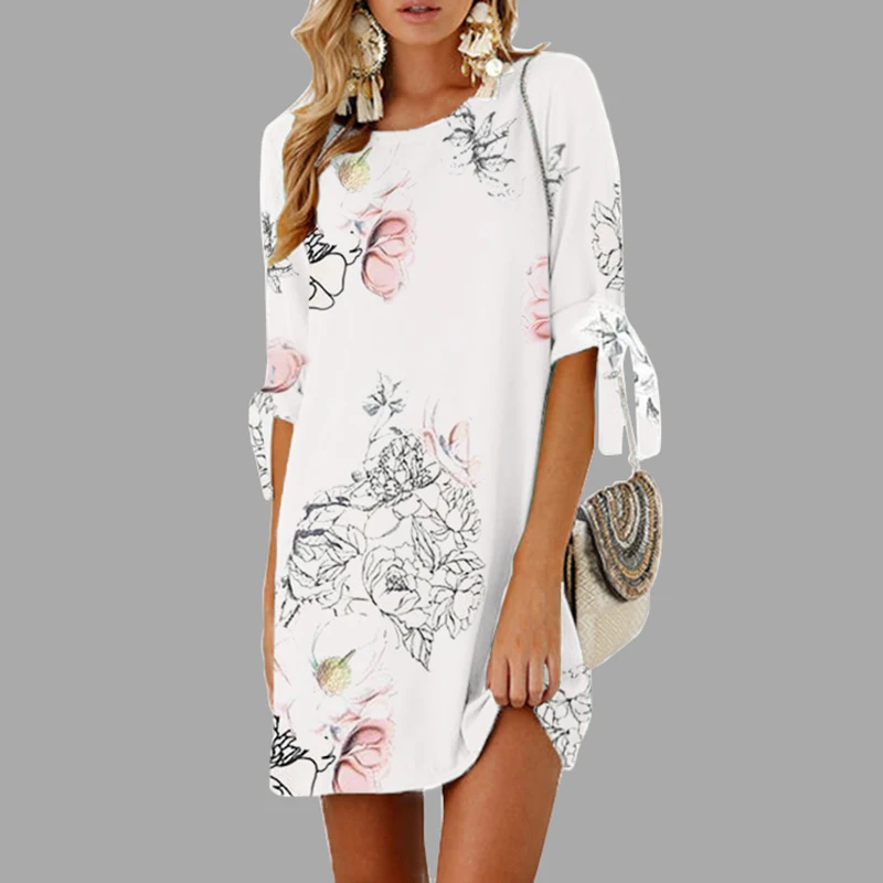 YOINS Для женщин Винтаж элегантный бантом рукав три четверти, мини платье Цветочный принт Повседневная Женская свободного покроя вечерние прямые Платья - Цвет: White
