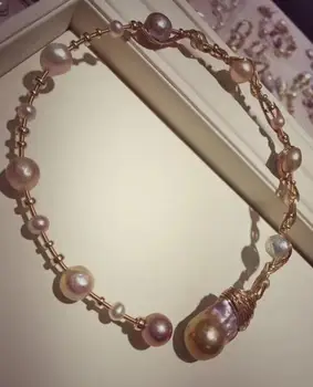 

free shipping >>>>noble jewelry natural White pink baroque Japan kasumi pearl necklace long 9K Gold