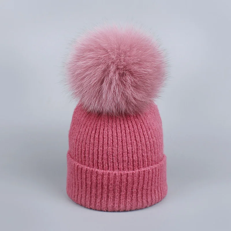 Зимняя Модная вязаная шапка и шарф наборы для женщин шапки с большим натуральным лисьим мехом помпон Флисовая Балаклава Топ Bone Gorro - Цвет: Rose Hat 1ball
