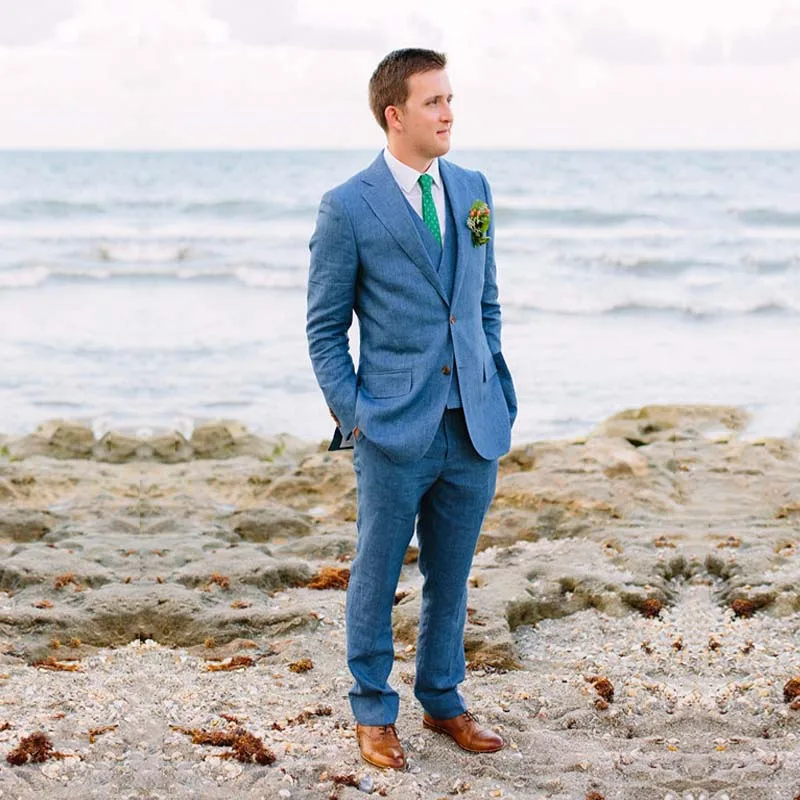 

Blue Linen Summer Beach Men Suits Wedding Mens Suits Designers 2018 Slim Male Blazer Groom Tuxedo 3 Pieces Jacket+Pants+Vest