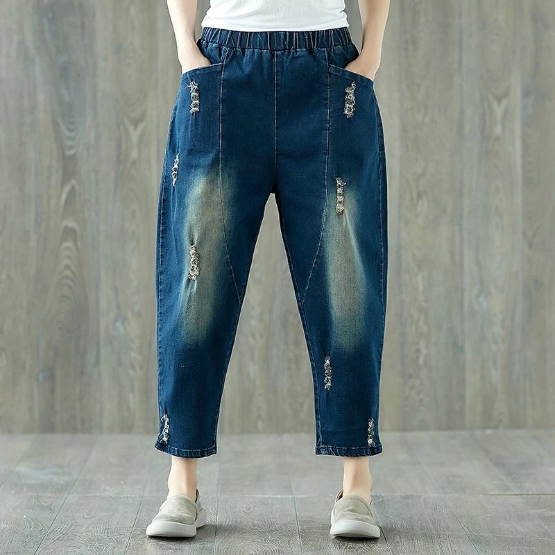

Vintage Retro Harajuku Baggy Boyfriend Jeans Blue Denim Cotton Pocket Ripped Dye Elastic Waist Ankle Length Women Harem Pants