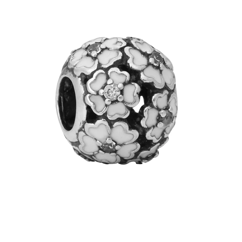 

5PCS New Silver Sakura Charms White Drop Oil Cherry Blossoms Flower Bead fit European Pandora Style Charm Bracelet and Necklace