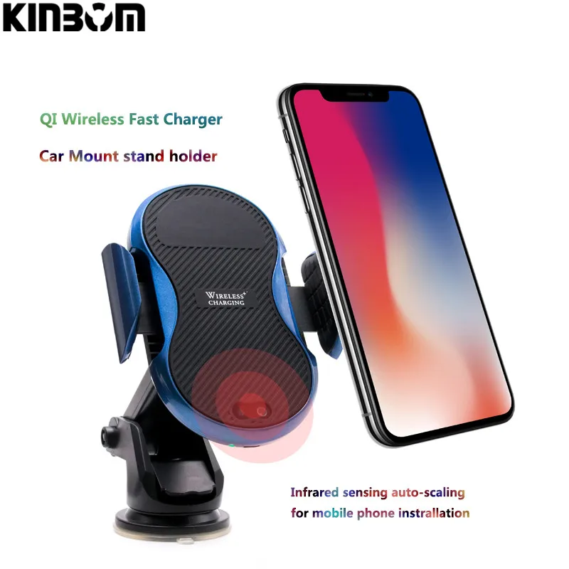KINBOM QI Wireless Car Charger For IPhone X 8 Plus Samsung Galaxy S8 S9 Plus Note 8 Infrared Sensing Stand Holder Fast Charging