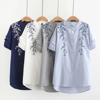 

60-100KG Oversized Women Clothing Literary Cotton Collar Embroidery Short-sleeved White Shirt Large Size Women 136