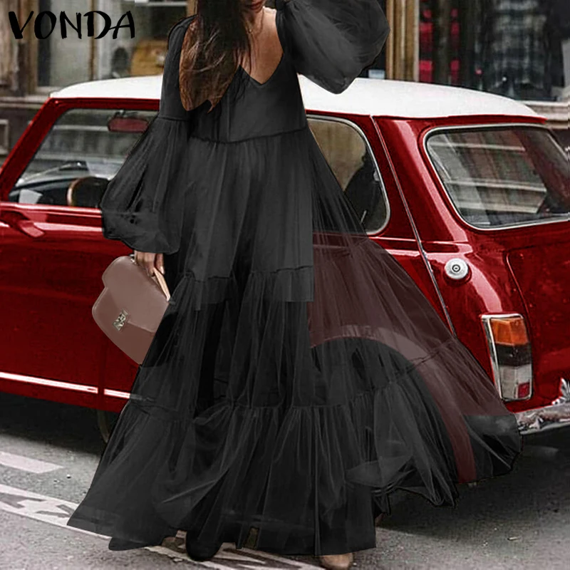 

VONDA Women Black Dress 2019 Autumn Sexy V-Neck Lantern Long Sleeve High Waist Maxi Party Dresses White Long Vestido Plus Size