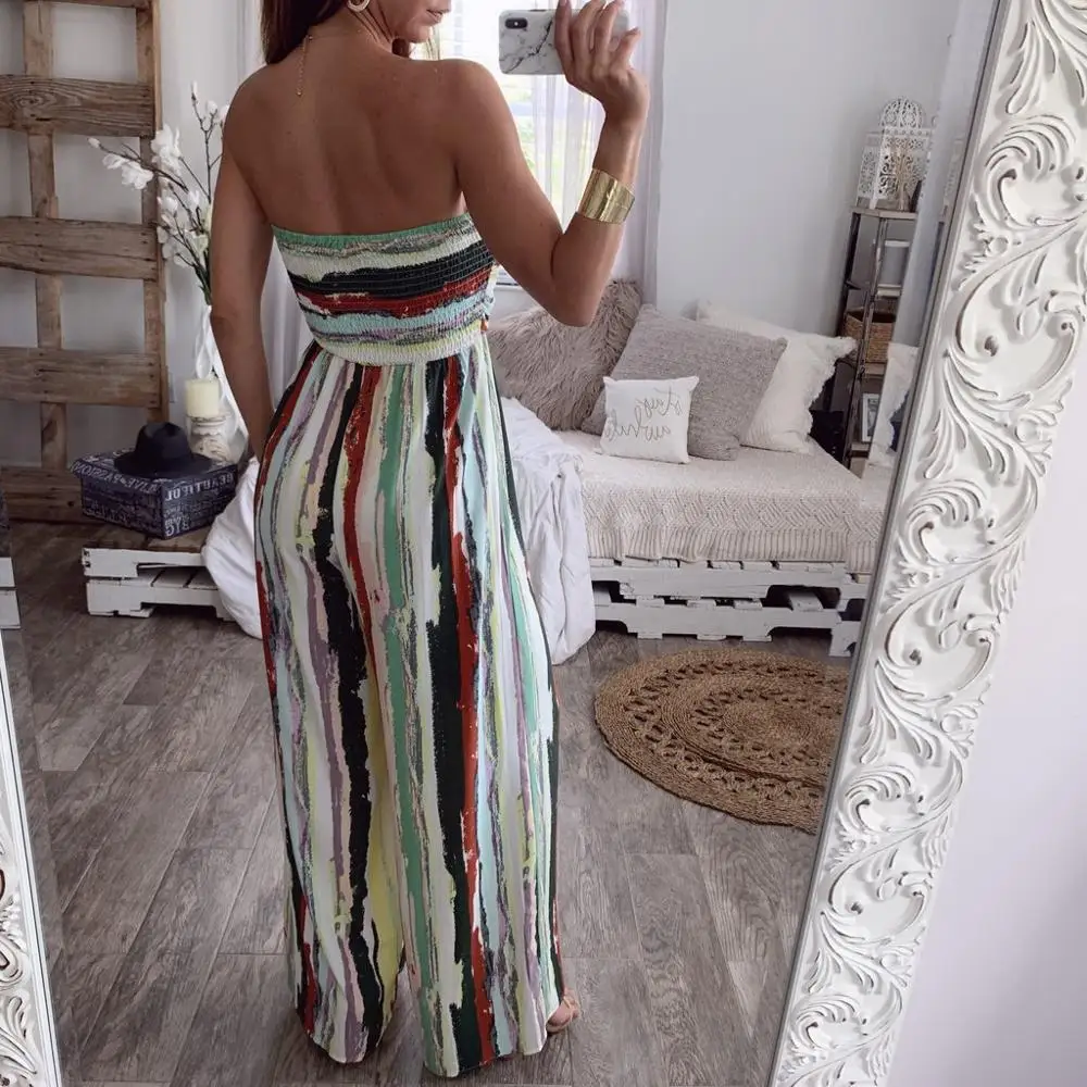 Fashion Striped Off Shoulder Jumpsuits Women Print Blackless Summer Ladies Rompers Bow Casual Overalls Loose Beach Playsuit Fashion Striped Off Shoulder Jumpsuits Women Print Blackless Summer Ladies Rompers Bow Casual Overalls Loose Beach Playsuit