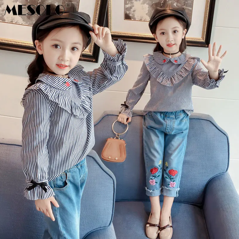 

MESOLO Girls Set 2019 New Autumn Rose Jeans Suit Striped Shirt Lotus Leaf Embroidered Top 2 Piece Set Long Sleeve 5b