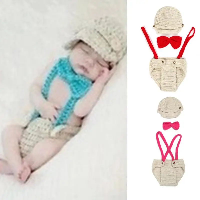 

Cute Baby Unisex Crochet Cotton Thread Costume Handmade Knitted Baby Photography Props Set Infant Newborn Clothes Accessories