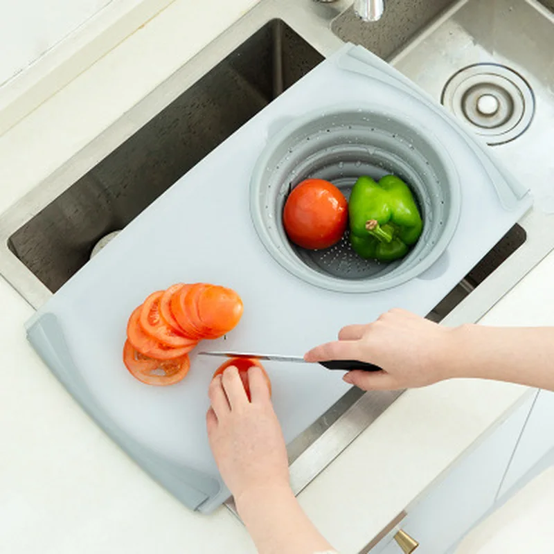 

3 IN 1 Multi-function Sink Drain Basket Cutting Board Filter Chopping Blocks Meat Vegetable Fruit Basket Storage Kitchen Tools