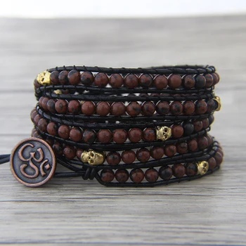 

Red mahagony stone beads bracelet boho leather wraps bracelet gold skull beads wrap bracelet yoga jewelry dropshipping bohemai