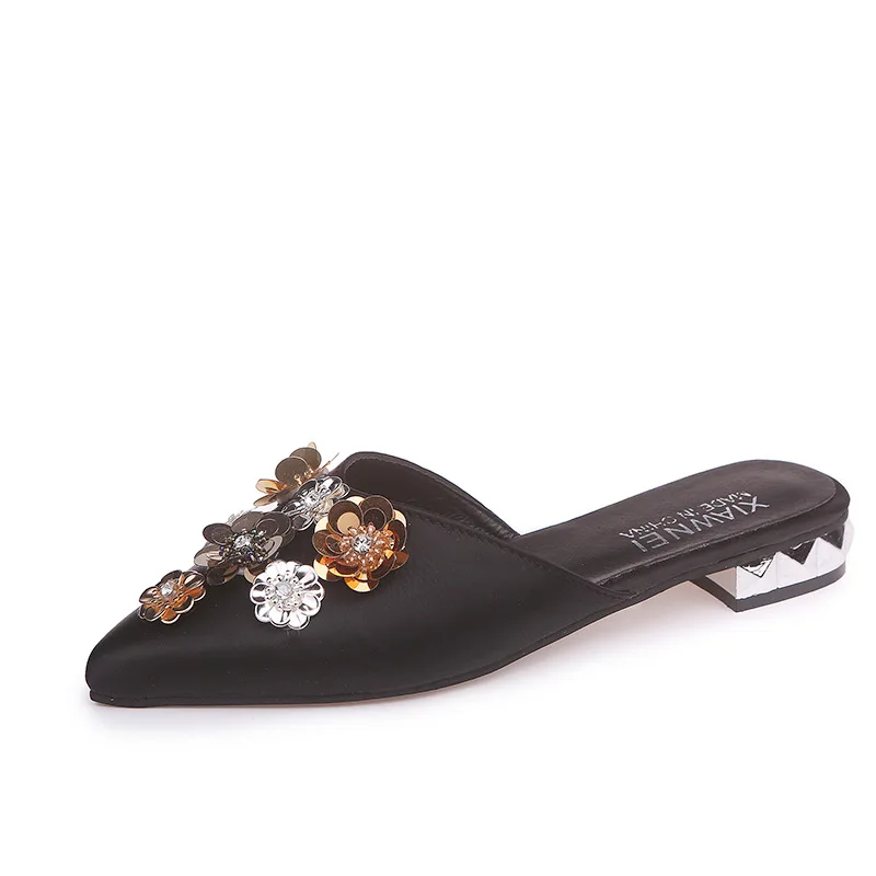 

Women Shoes Mules Shoes Pointed Toe Glitter Summer Lady Shoes Chunky Low Heel Ladies Pumps Big Size 41 Chaussure Femme