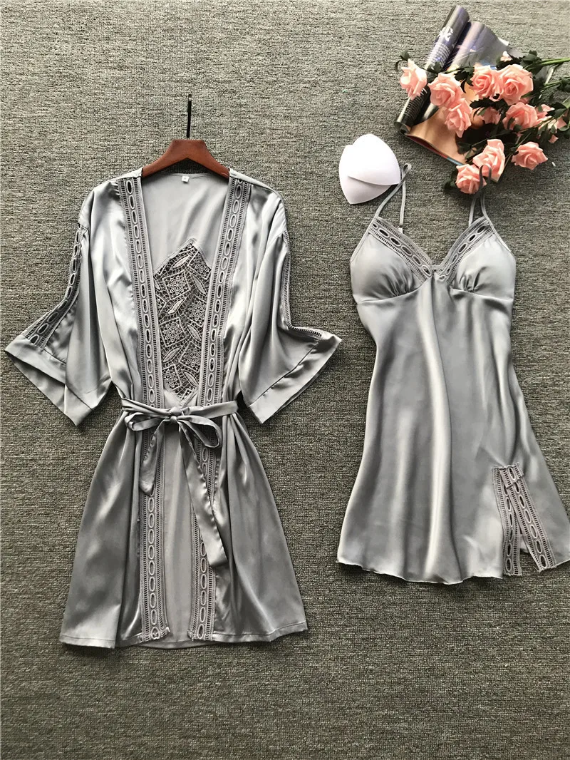 Women Robe& Gown Long Sleeve Ladies Nightwear Sets Sexy Lace Sleep Lounge Pijama Bathrobe Night Dress With Chest Pads