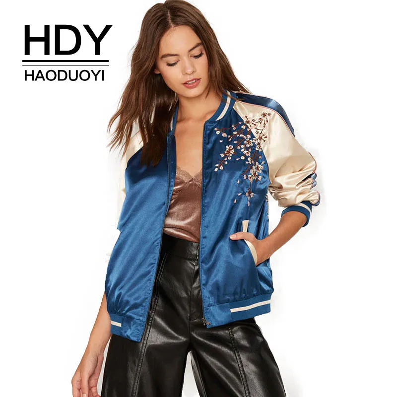 

HDY Haoduoyi Floural Embroidery Zipper Bomber Jacket Casual Slim Gored Female Coat Ribbed Loose Streetwear Athleisure Jacket