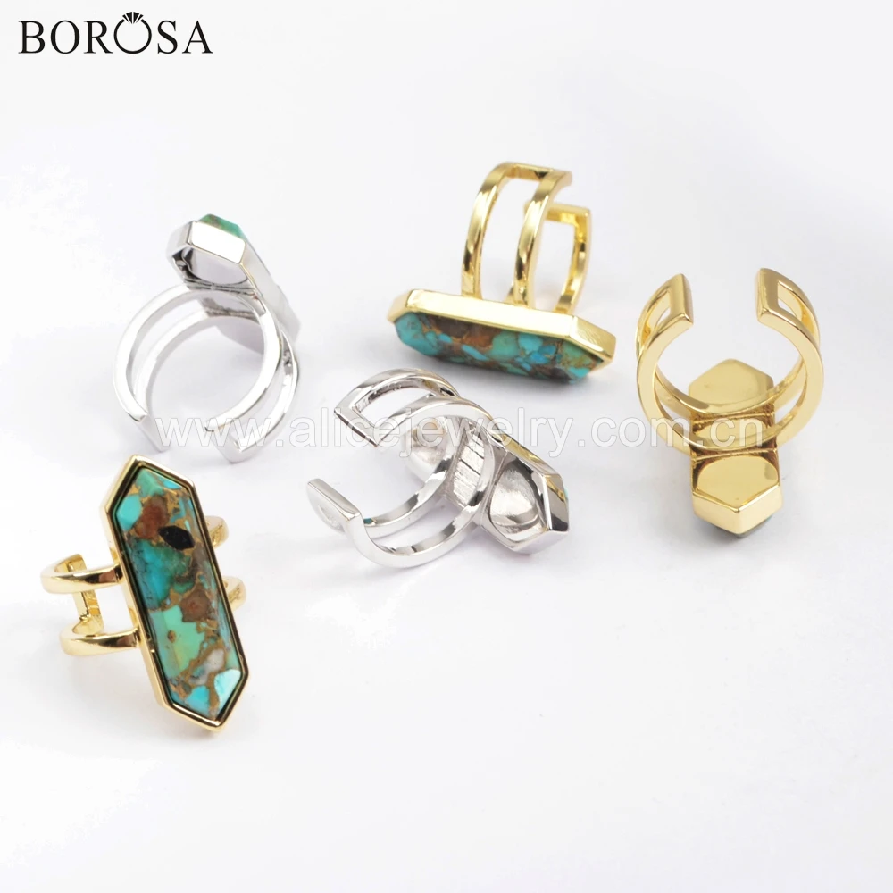 BOROSA 5 шт. высокое качество шестиугольник медь натуральная бирюза золото/серебряный, гальванический ободок Открытое кольцо Модные ювелирные изделия ZG0378