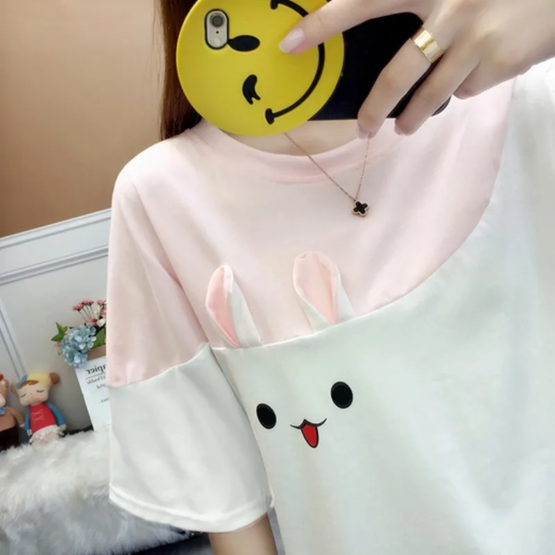 Kawaii/Дизайнерские рубашки с заячьими ушками милые футболки для девочек летние