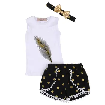 

3Pcs Set 2017 Summer Toddler Kids Girls Clothes Feather Vest Tops Bottom Shorts Headband Outfits Clothes Girls