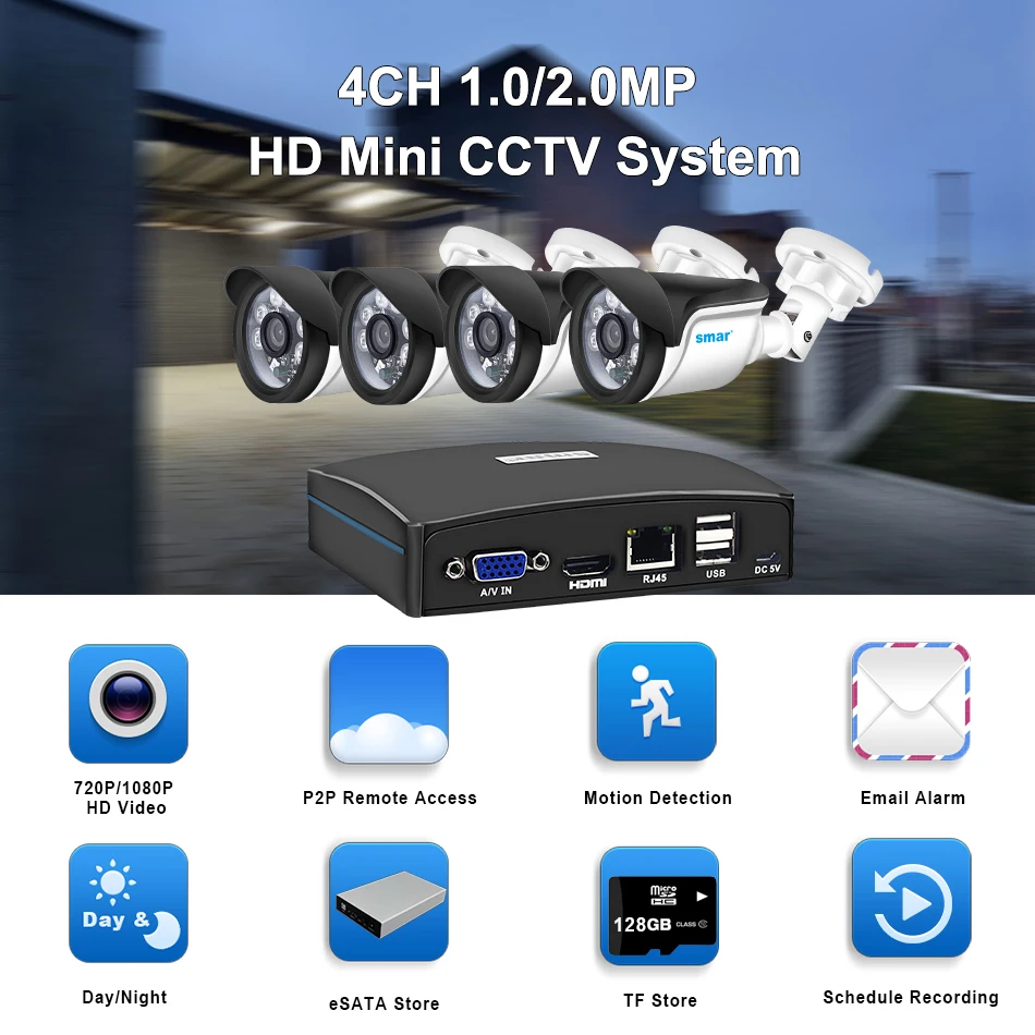 Smar 4CH CCTV NVR Системы 4 шт. 720 P/1080 P Открытый IP Камера Комплект Главная безопасности CCTV Системы HDMI P2P Поддержка Esata + USB + TF хранения