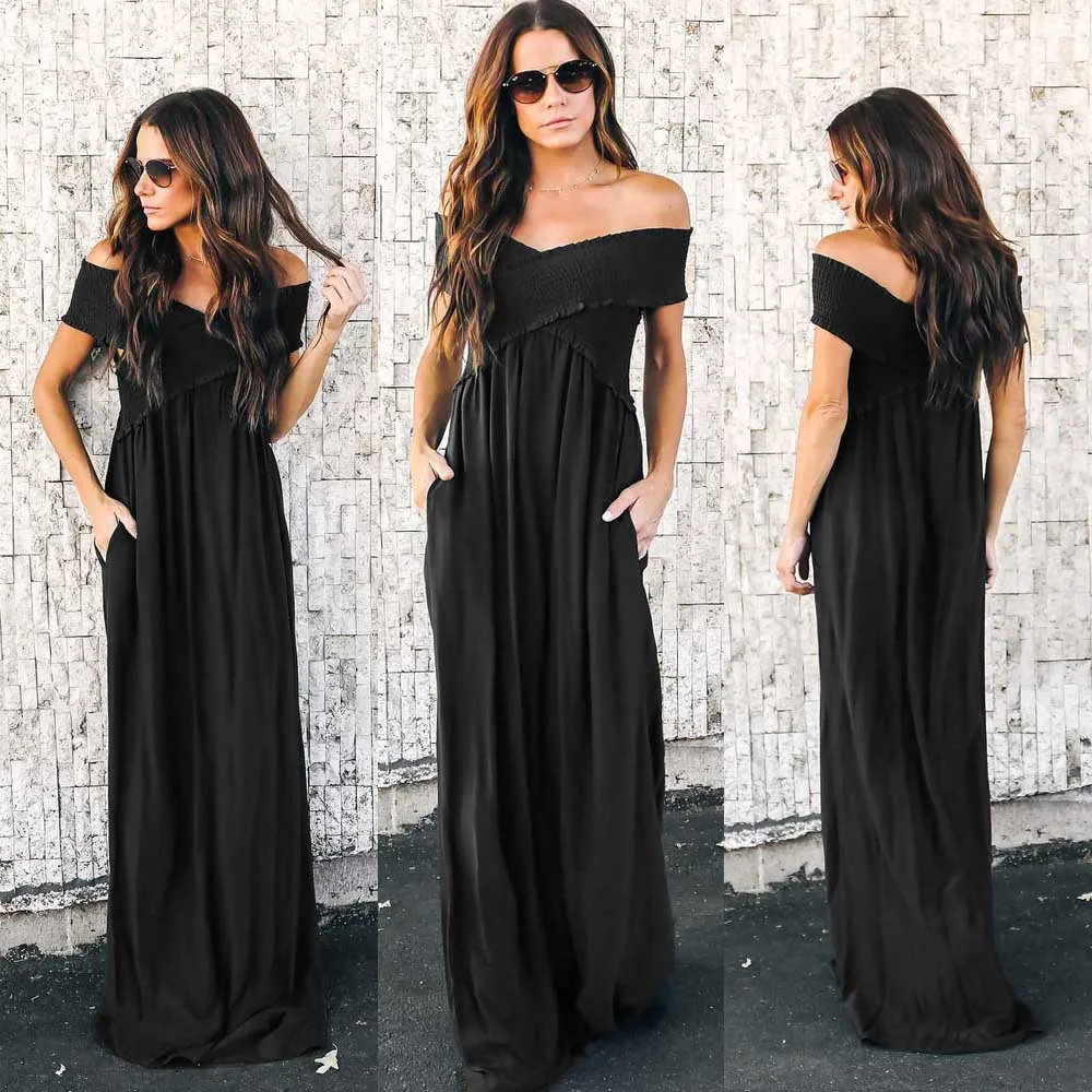 

Sexy Off The Shoulder Criss Cross Wrap Elegant Bodycon Dress 2019 Summer Black Party Dress Women Long Dresses